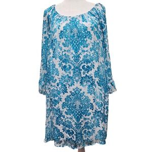 BOHO Blue & White Floral Vision USA‎ Ruffle 3/4 Sleeve Tunic Dress Size Medium